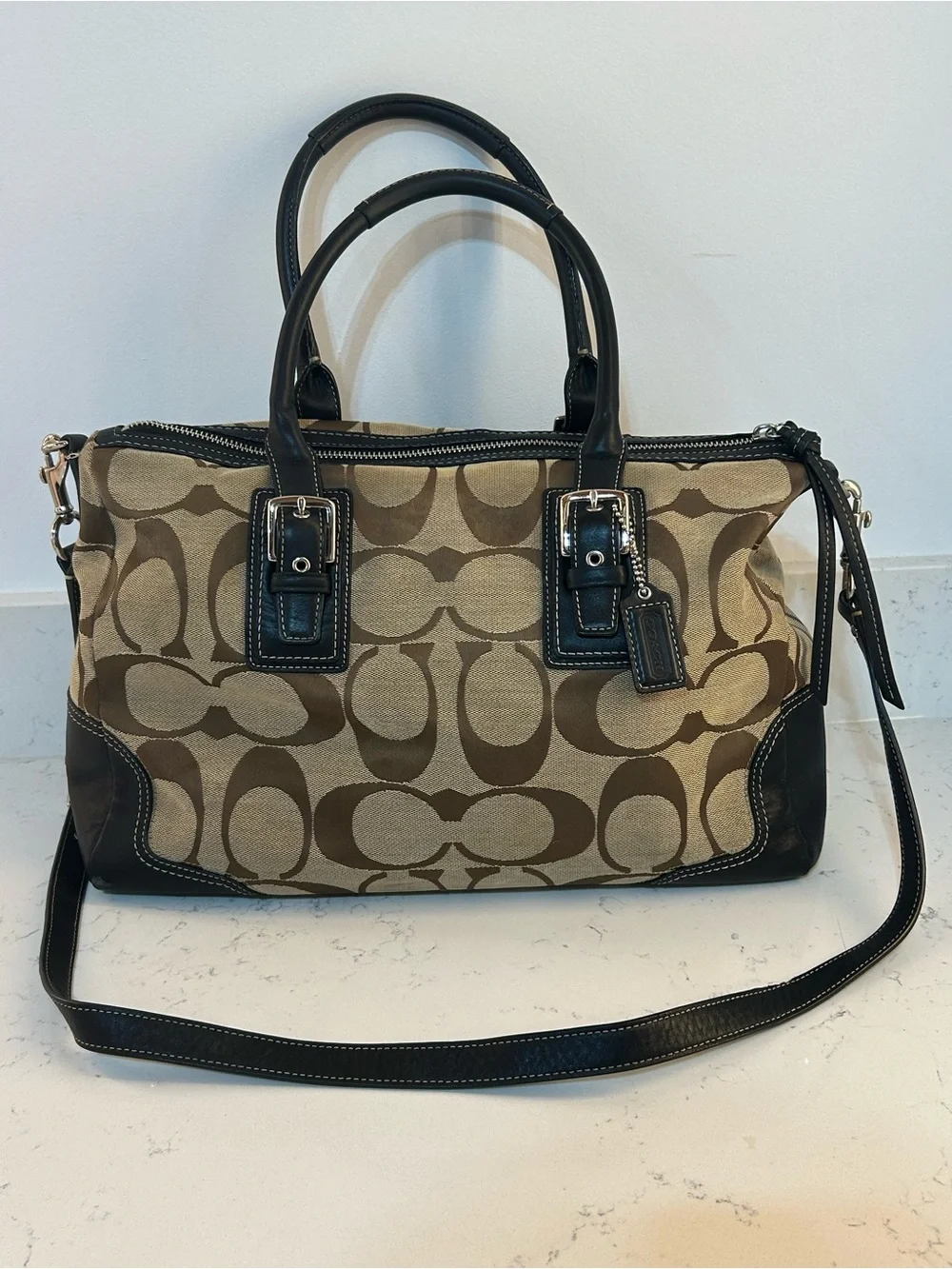 Coach Hampton Signature Satchel in Khaki Jacquard Canvas
